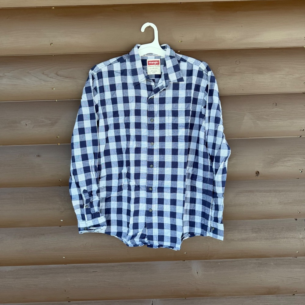 Wrangler Button‎ Down Shirt Large Navy White Buffalo Check Cotton Long Sleeve